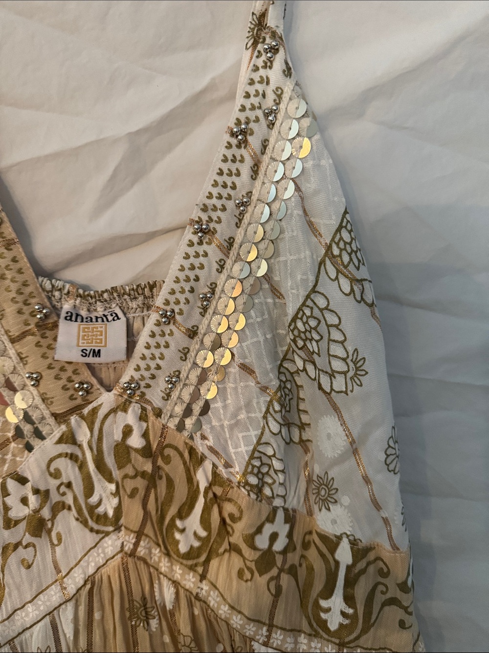 Ananta Festival Bohemian Spaghetti-Strap Dress in Beige and White - Picture 4 of 7